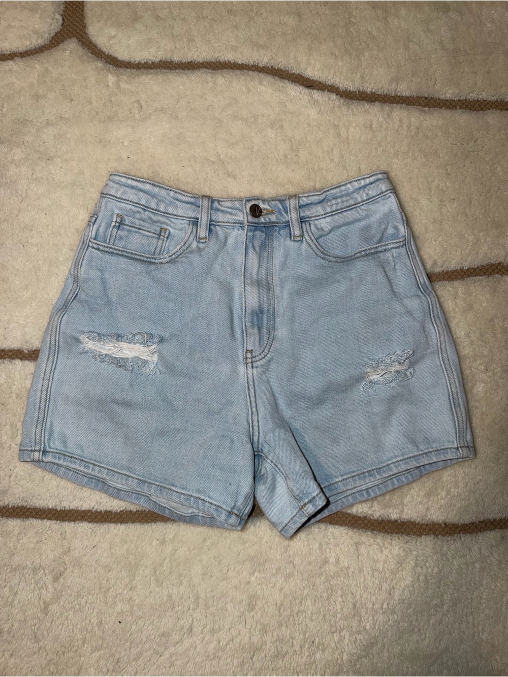 KanCan Women’s Size 27 Light Wash High Rise Distressed Denim Shorts
